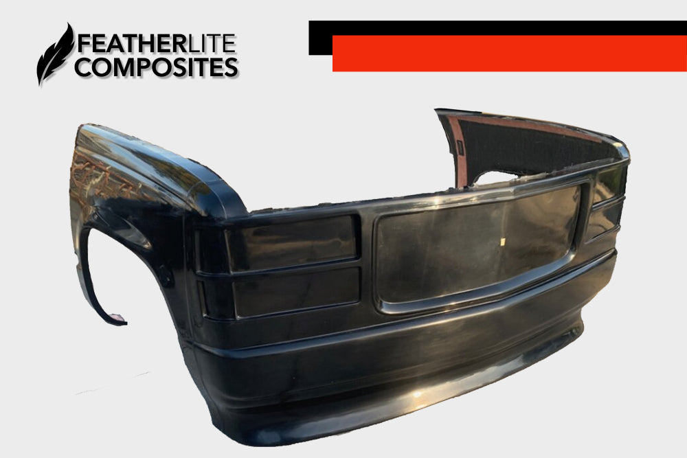 Black fiberglass front end for Chevy 1500 (88-98)made by Featherlite Composites.