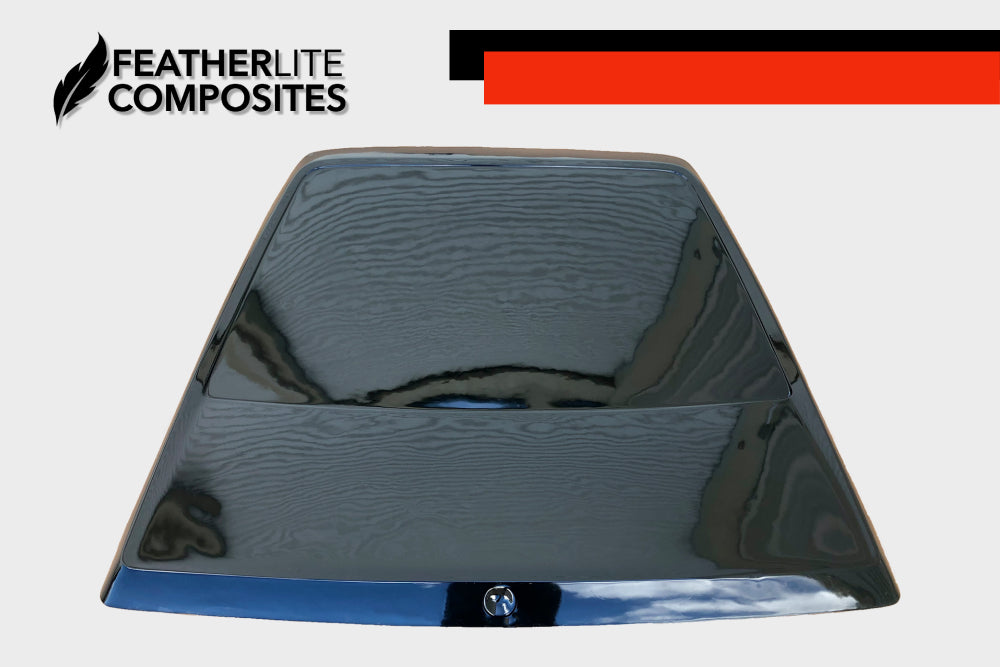 Black fiberglass hatch for foxbody mustang made by Featherlite Composites
