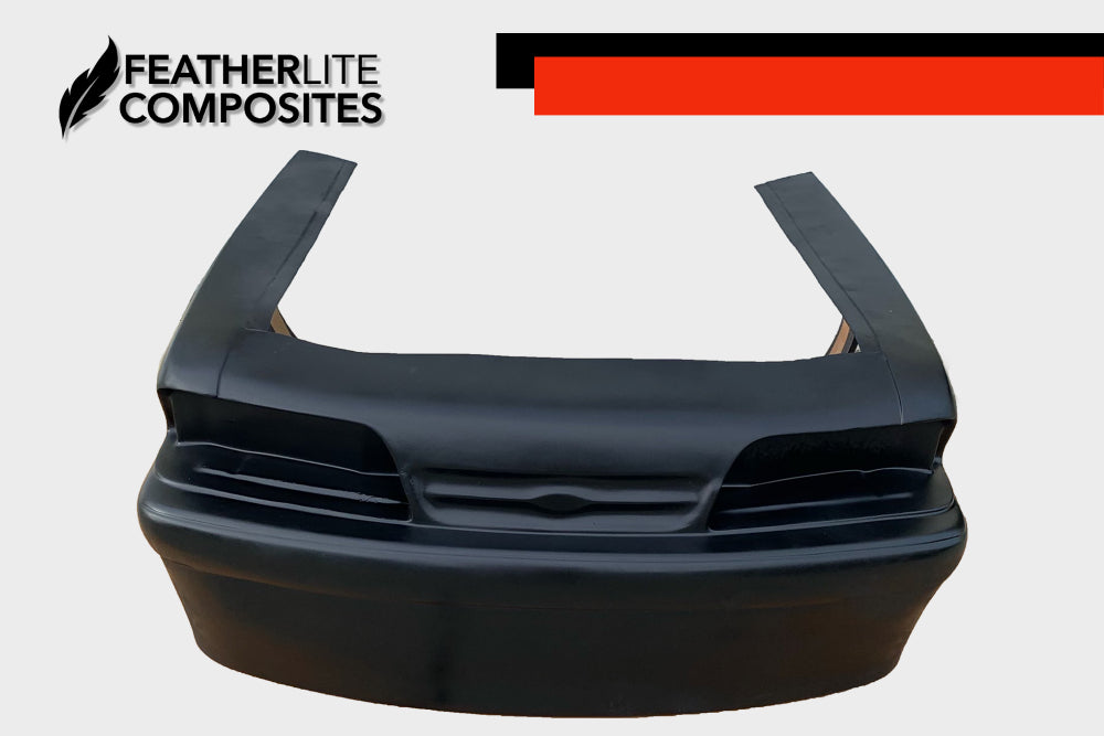 Black fiberglass front end for Foxbody Mustang made by Featherlite Composites.