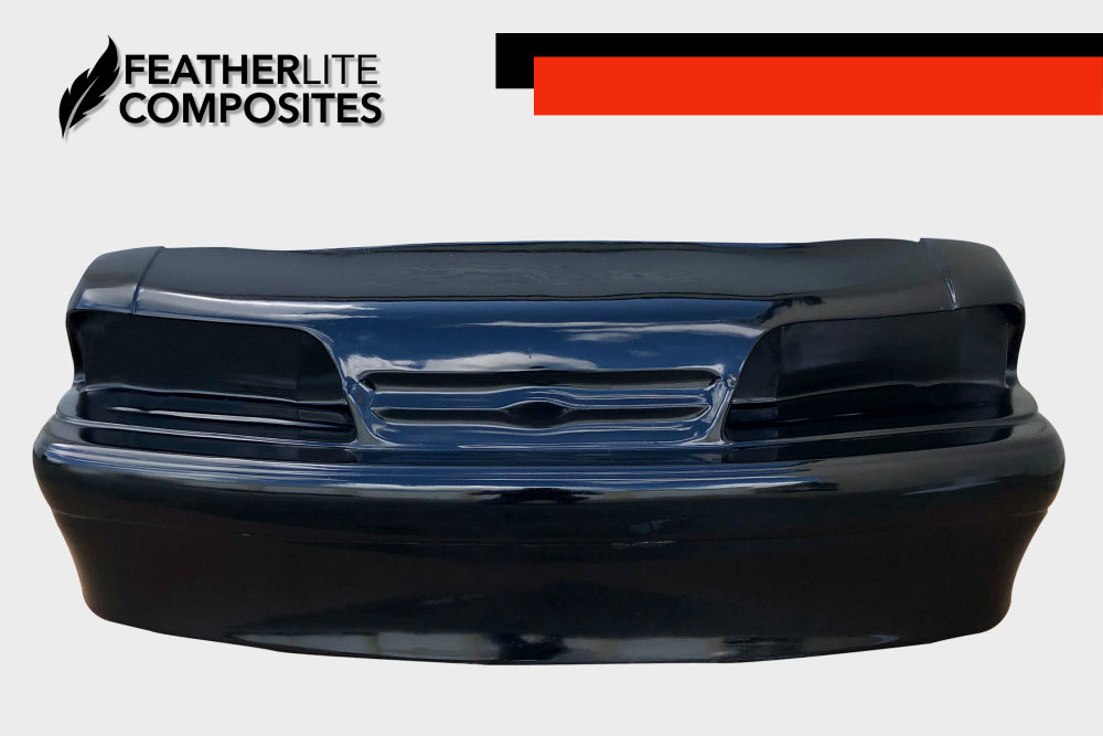 One Piece Black fiberglass front end only for Foxbody Mustang made by Featherlite Composites.